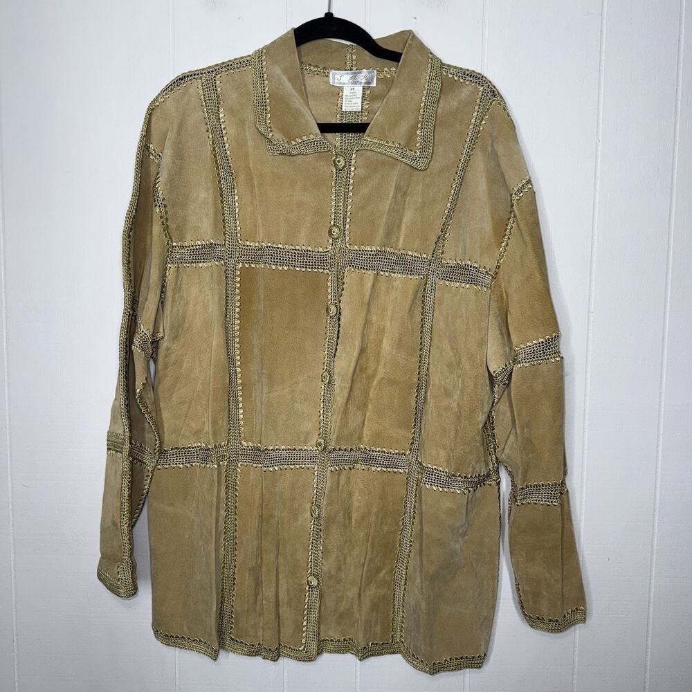 S.M.H. Vintage Women's Leather Patchwork Jacket Crochet Detail Tan Size 2X
